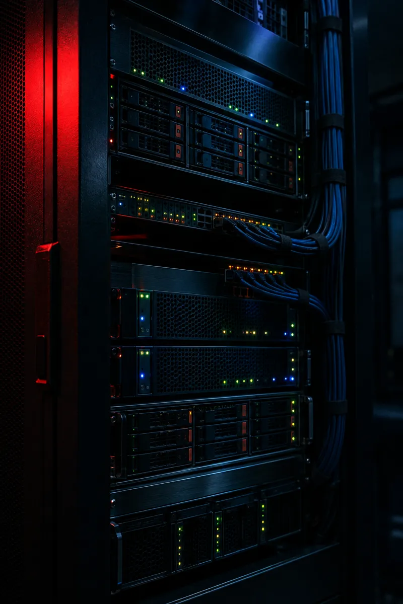 Server rack lit by red light, status LEDs glowing